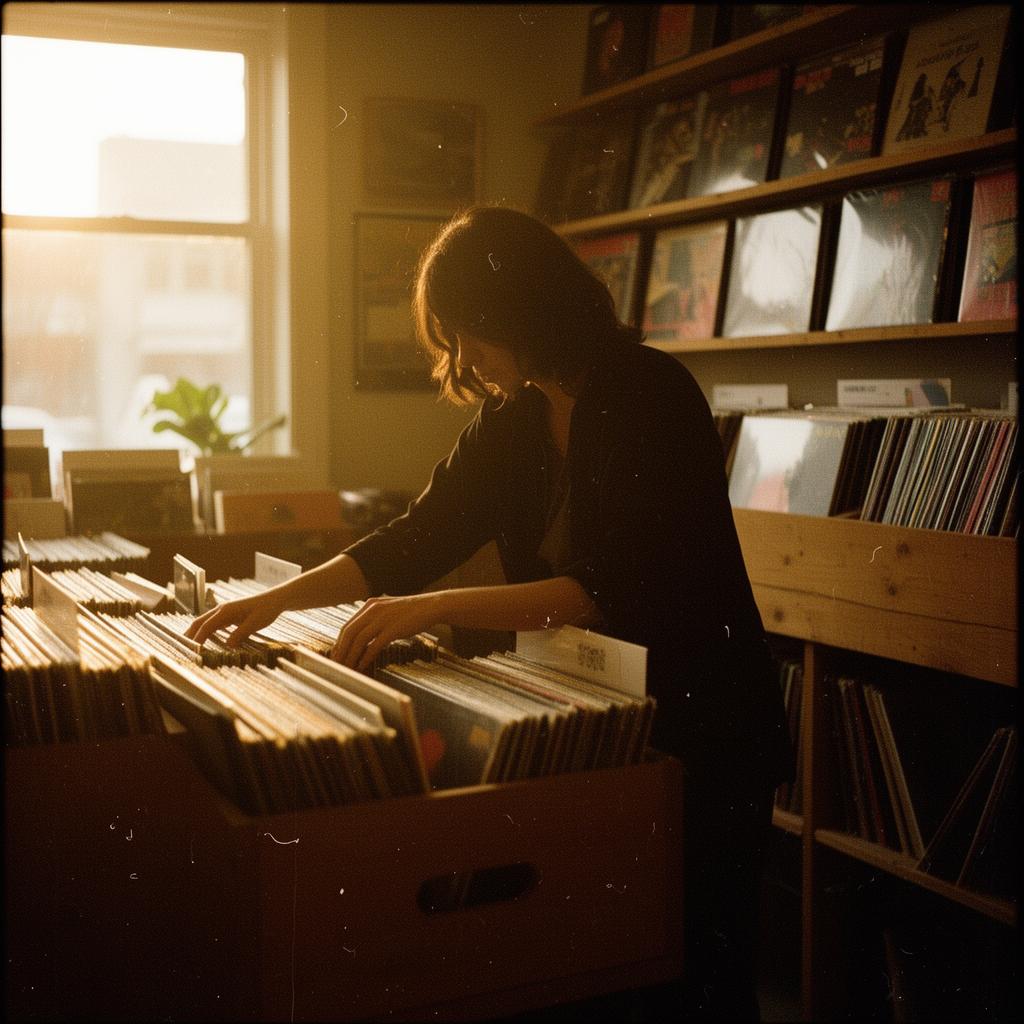 A vinyl collector browsing records in a cozy record store bathed in warm golden light