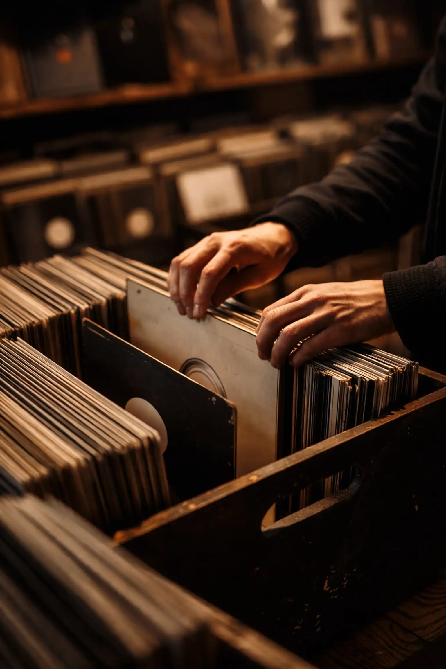 Close-up of hands flipping through techno vinyl records in a dimly lit record shop crate