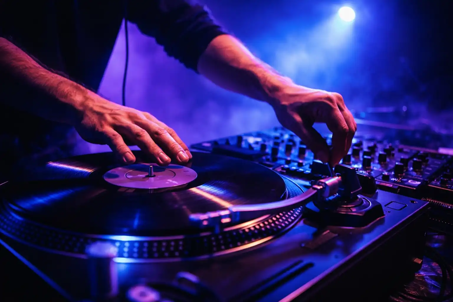 DJ adjusting a spinning techno vinyl record in a dark club, focused on mixing