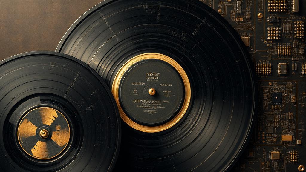 Vinyl records layered with electronic circuit boards — where analog meets digital