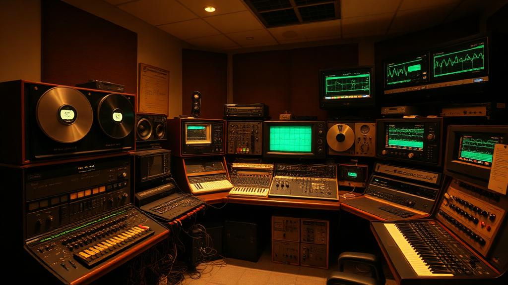 Vintage electronic music studio with tape machines, oscilloscopes, and synthesizers — inspired by the BBC Radiophonic Workshop