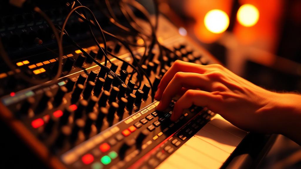 Hands working a modular synthesizer with patch cables — the instruments that defined early electronic music