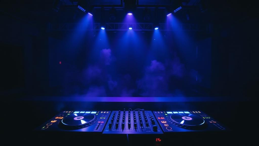 Dark Berlin techno club interior with DJ booth, atmospheric smoke and blue lighting
