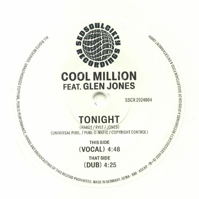 COOL MILLION feat GLEN JONES - Tonight vinyl sleeve
