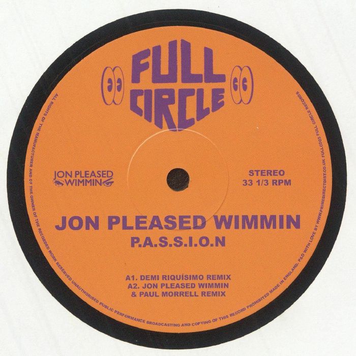 JON PLEASED WIMMIN - Passion (remixes) vinyl sleeve