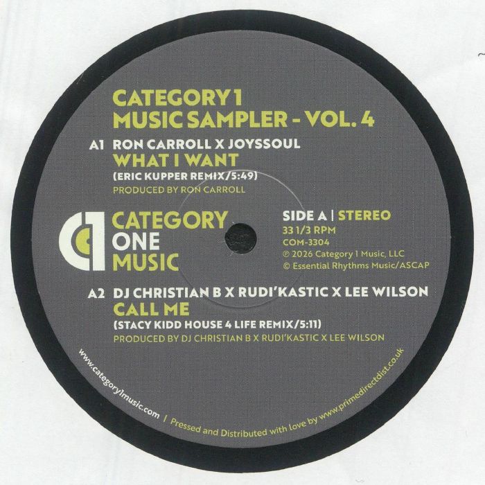 CARROLL, Ron/JOYSSOUL/DJ CHRISTIAN B/RUDI'KASTIC/LEE WILSON/SWEET GEORGIE/ED RAMSEY/PETER MAC - Category 1 Music Sampler Vol 4 vinyl sleeve